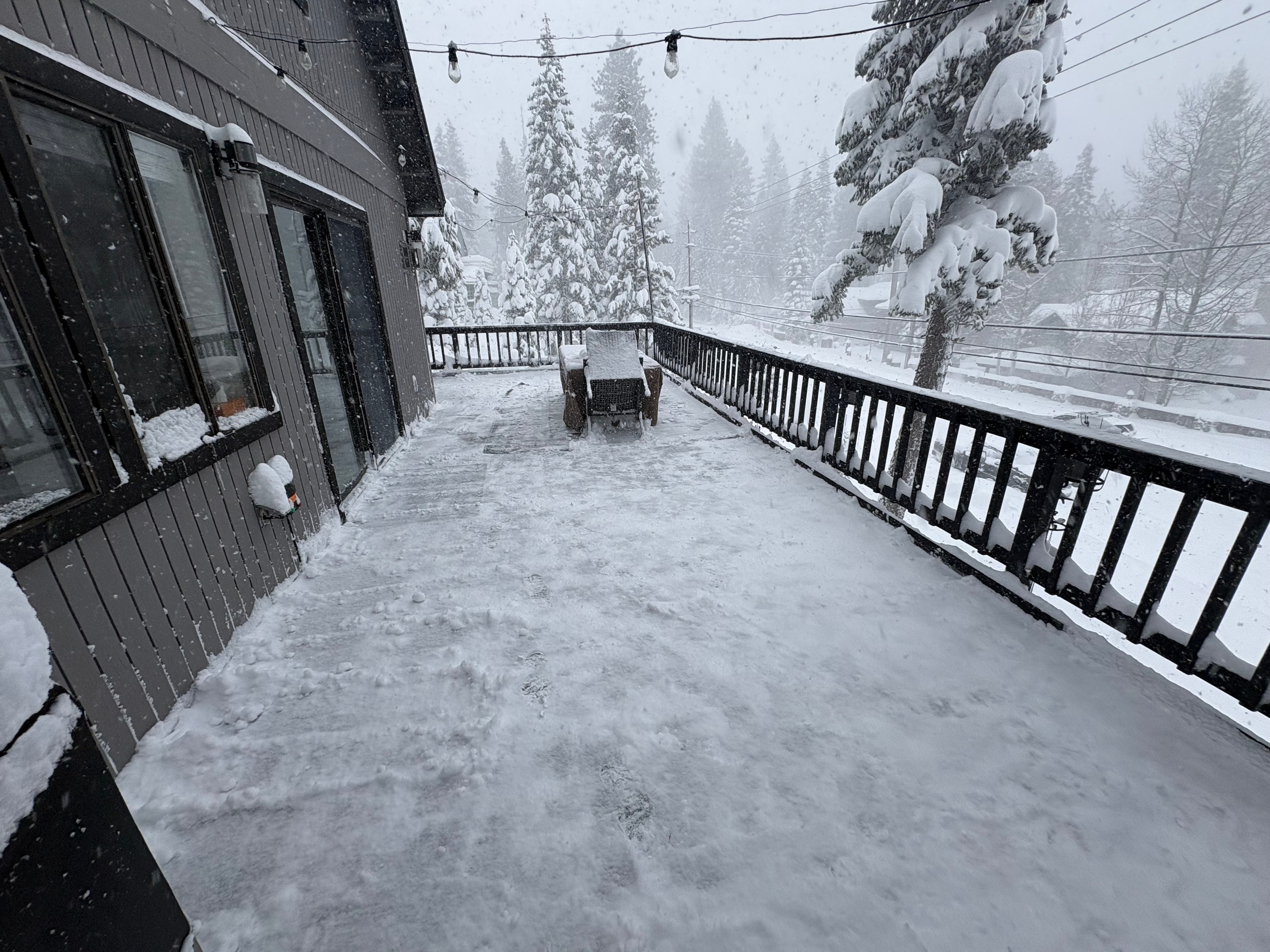 Cleared cabin deck with snow-covered pine trees and neighborhood in the background